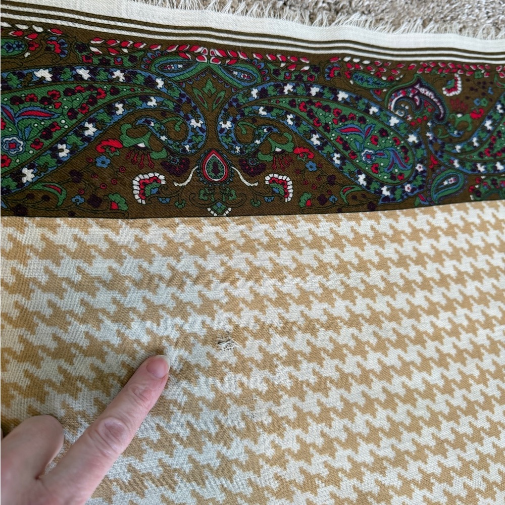 YSL Vintage Houndstooth Paisley Square Scarf Tan Cream Brown Green Red FLAWS - Picture 4 of 12